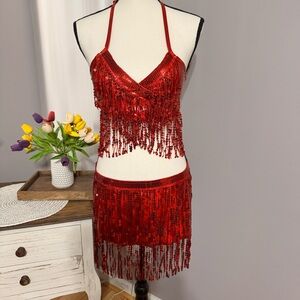 3 piece Red Shimmer dance outfit Small